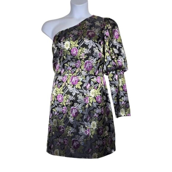 Boohoo Womens One Shoulder Puff Sleeve Floral Jacquard Mini Dress Size 12 NWT - Picture 1 of 8